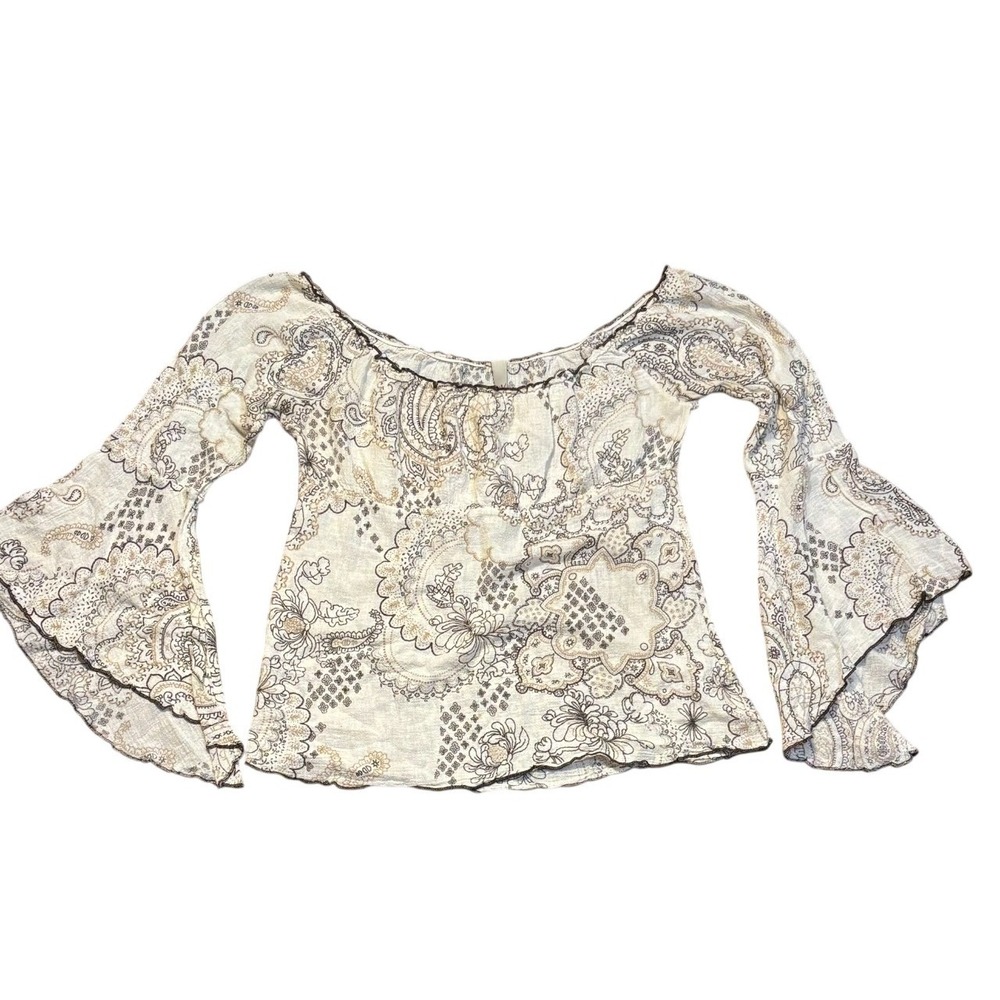 y2k Boho fairy Bell Sleeve  paisley‎ cream lettuce hem top long sleeve stretch